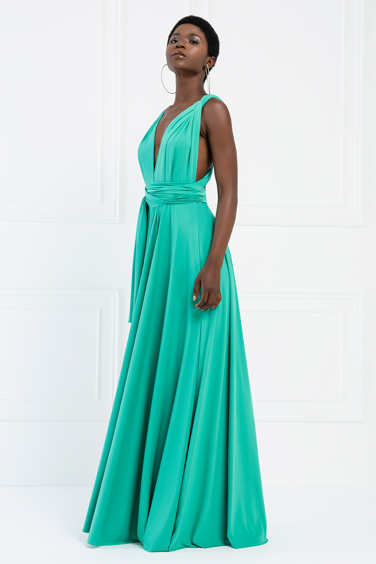 Wholesale V Neck Sleeveless New Green Pleated Long Dress