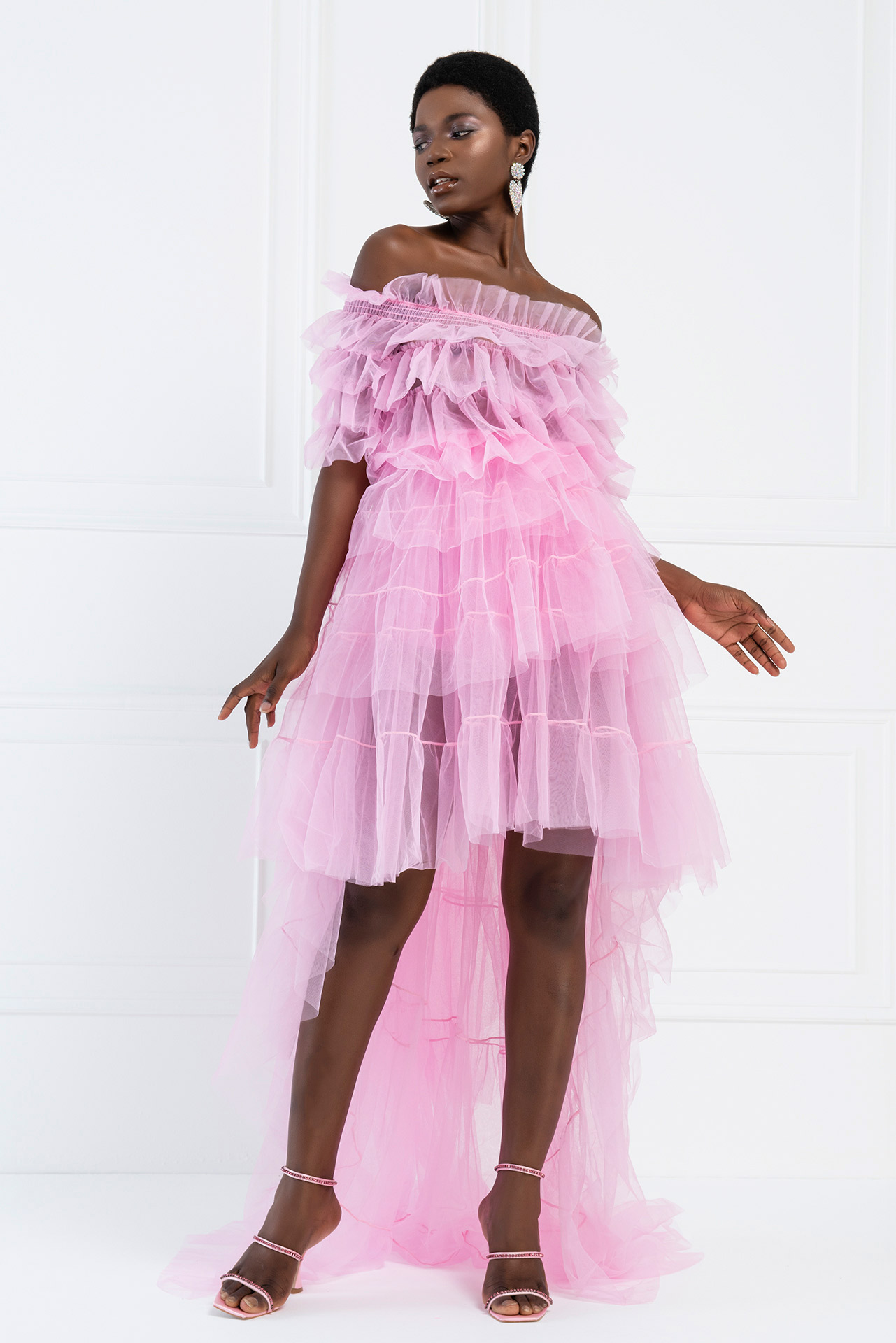 оптовая Из Тюля с открытыми плечами Pink Мини-Платье с Рюшами