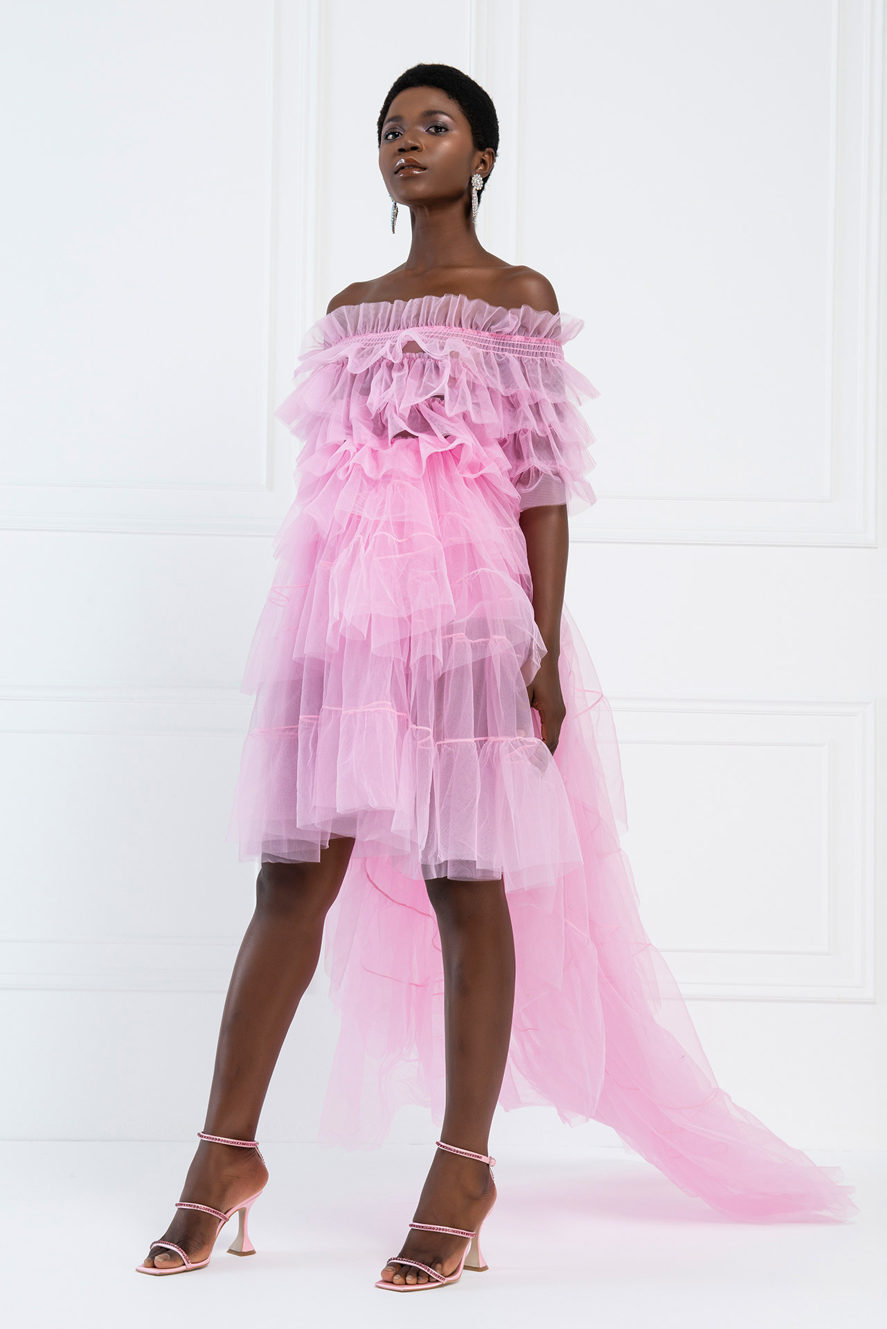 Wholesale Tulle Off The Shoulder Pink Ruffle Mini Dress