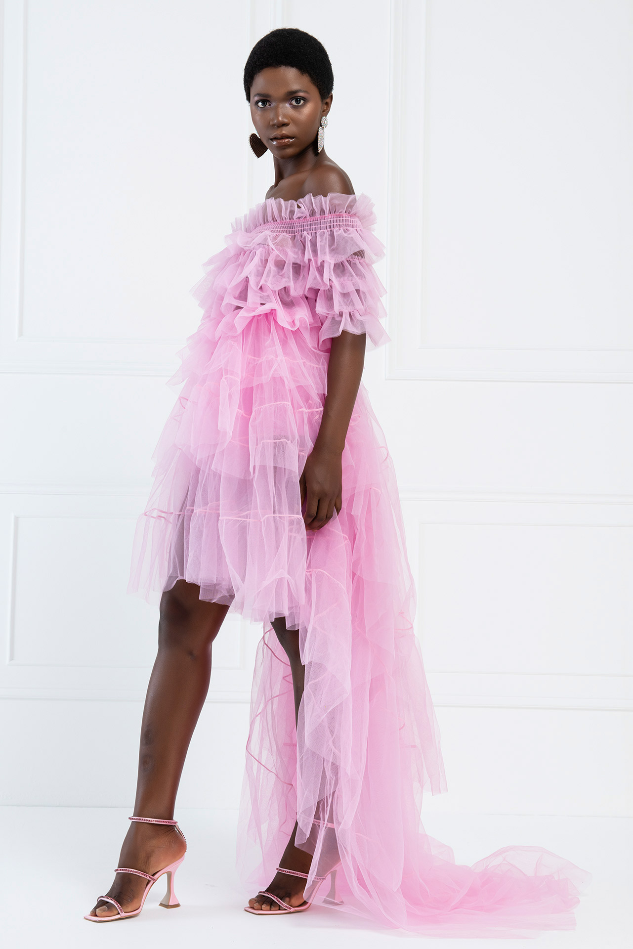 Tulle Off The Shoulder Pink Ruffle Mini Dress