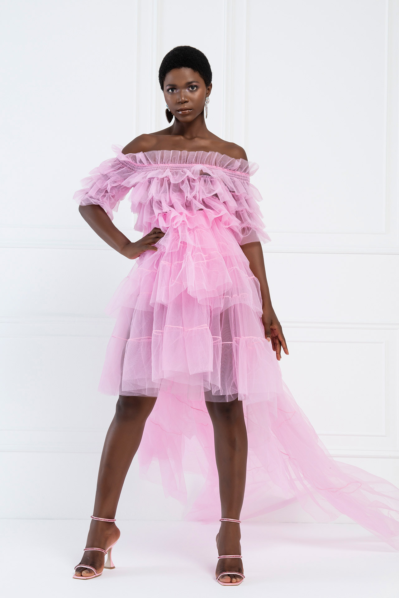 Tulle Off The Shoulder Pink Ruffle Mini Dress