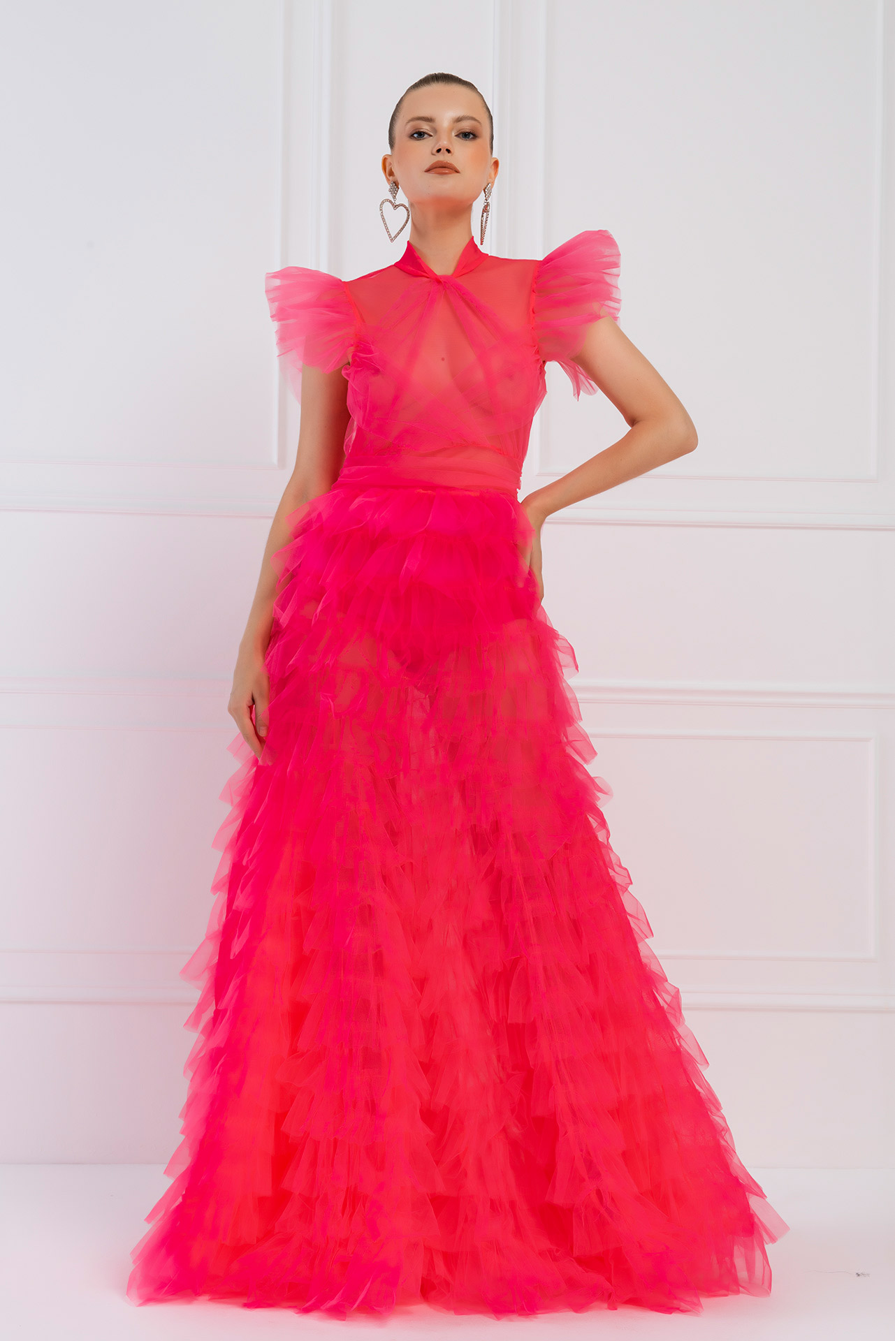 Wholesale Tulle Detail Transparan Neon Pink Long Dress