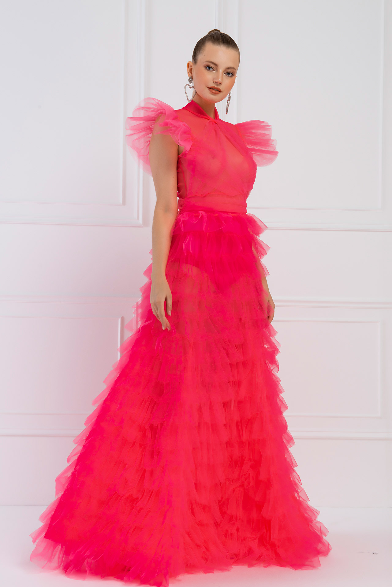 Tulle Detail Transparan Neon Pink Long Dress