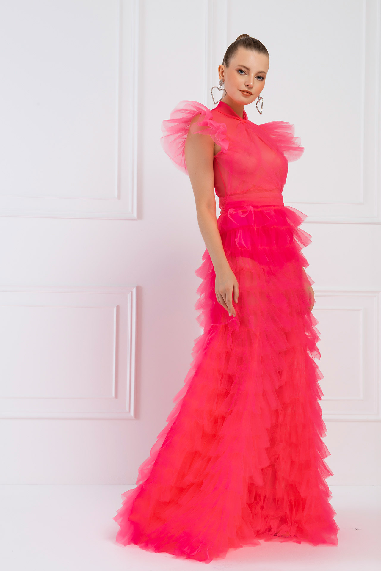 Прозрачное платье из Тюля Neon Pink Длинное платье