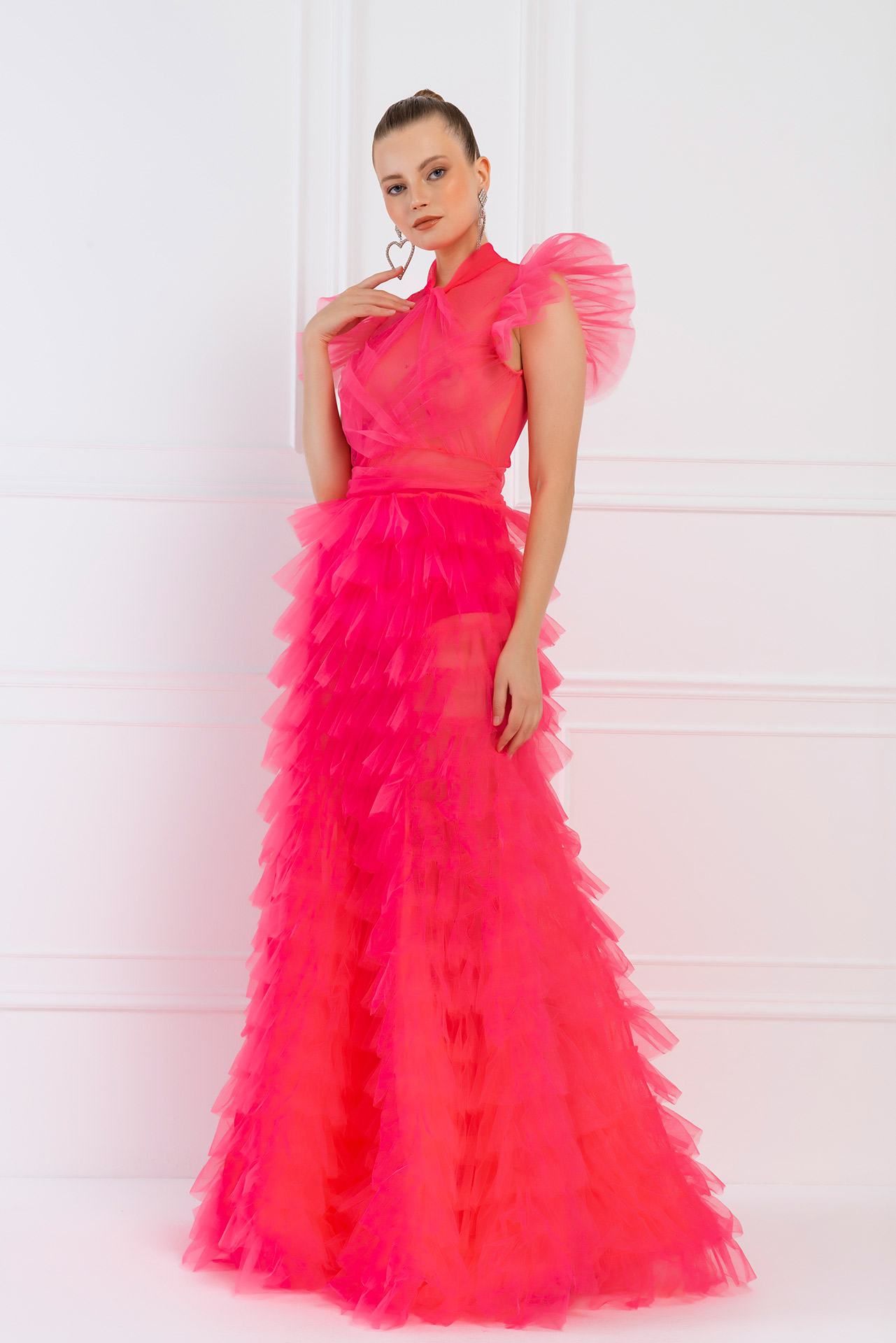 Wholesale Tulle Detail Transparan Neon Pink Long Dress