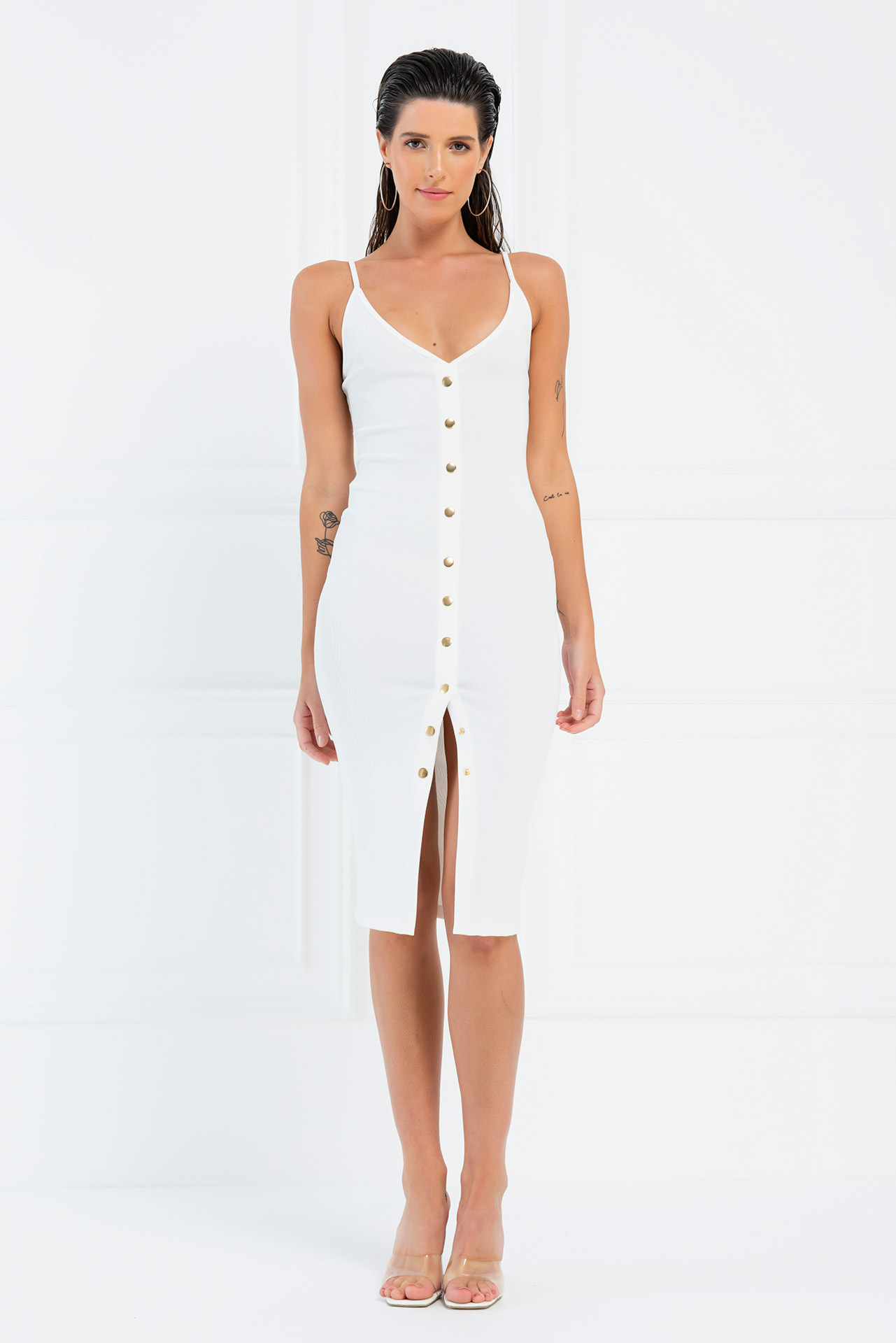 Kontrast Düğmeli Askılı Off white Elbise