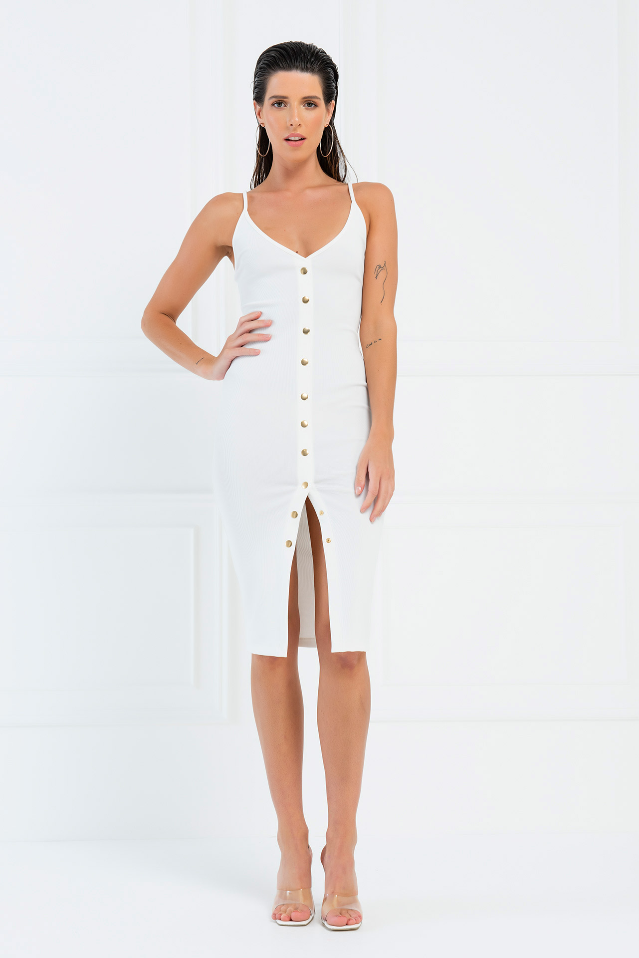 Toptan Kontrast Düğmeli Askılı Off white Elbise