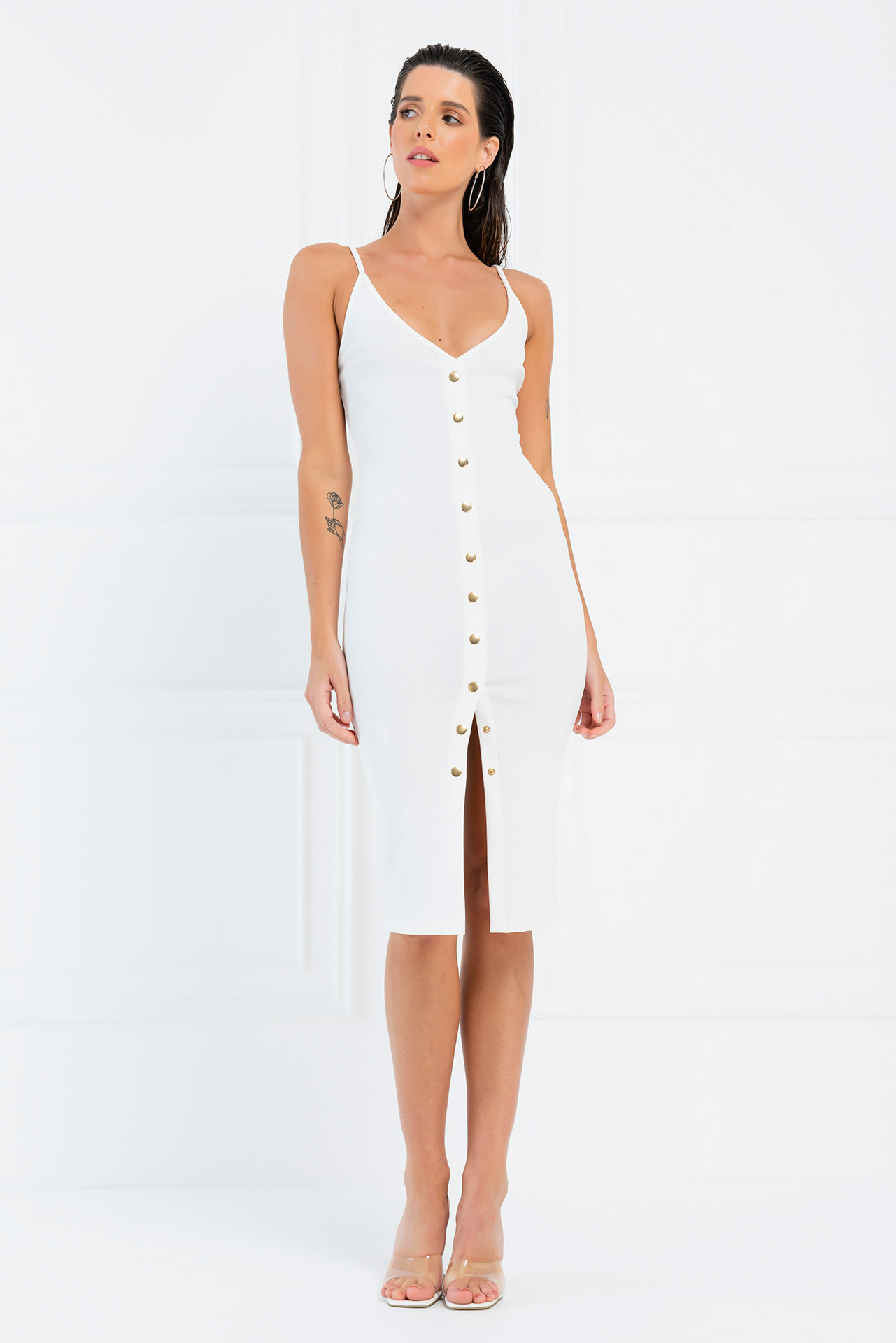 Toptan Kontrast Düğmeli Askılı Off white Elbise