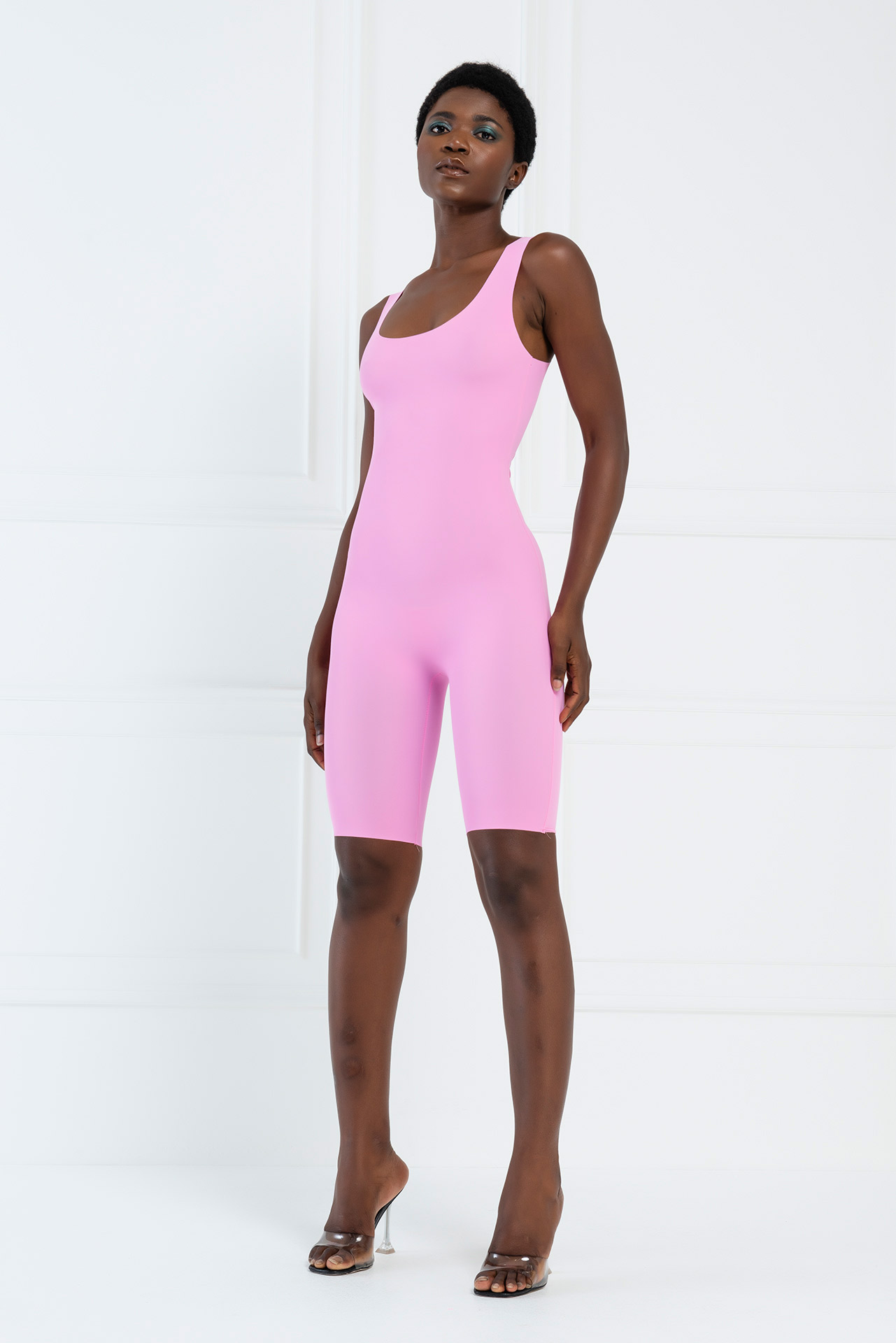 Scoop Neck Mid Thigh Full Body Shaper in New Pink