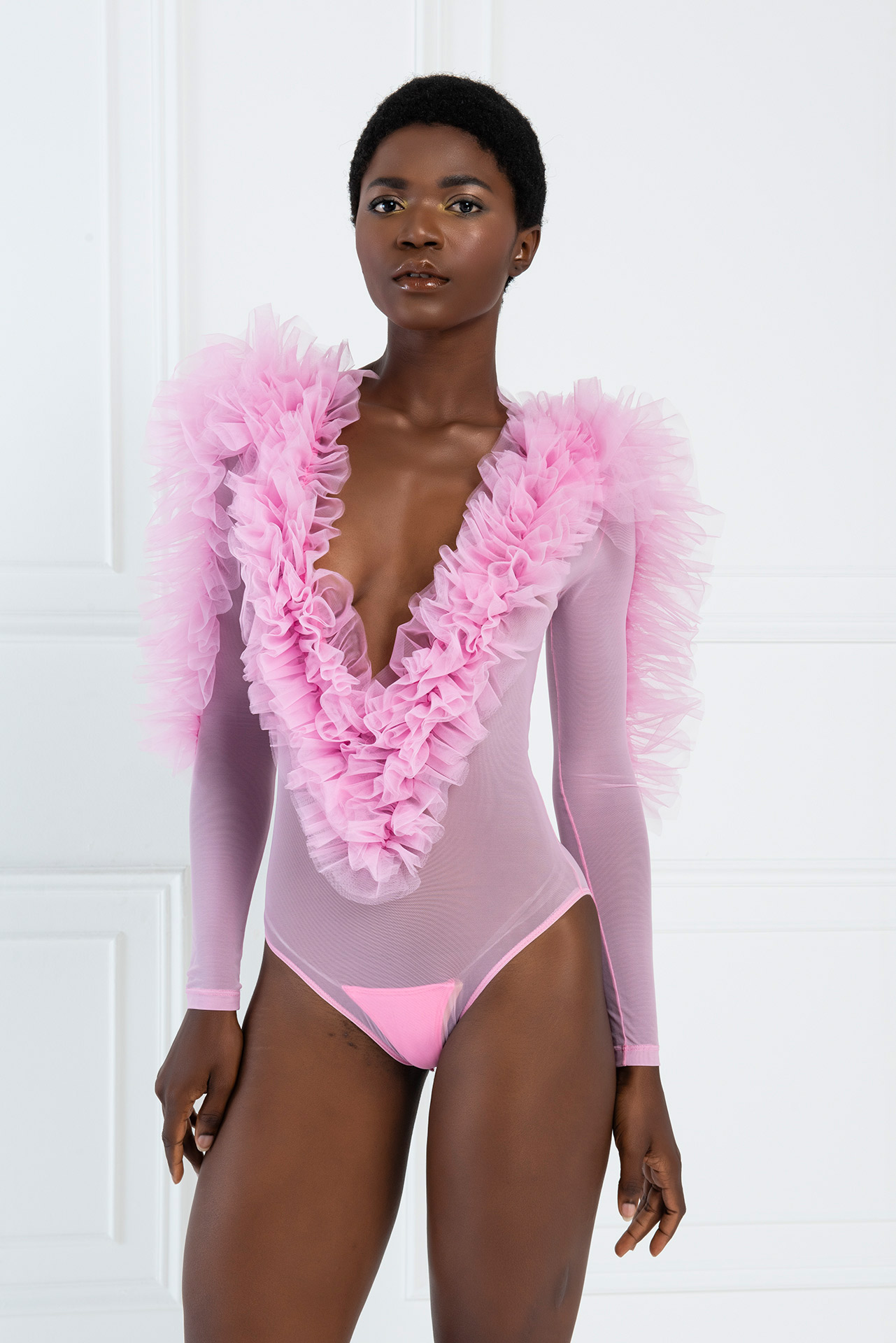 Ruffle-Trim New Pink Mesh Bodysuit