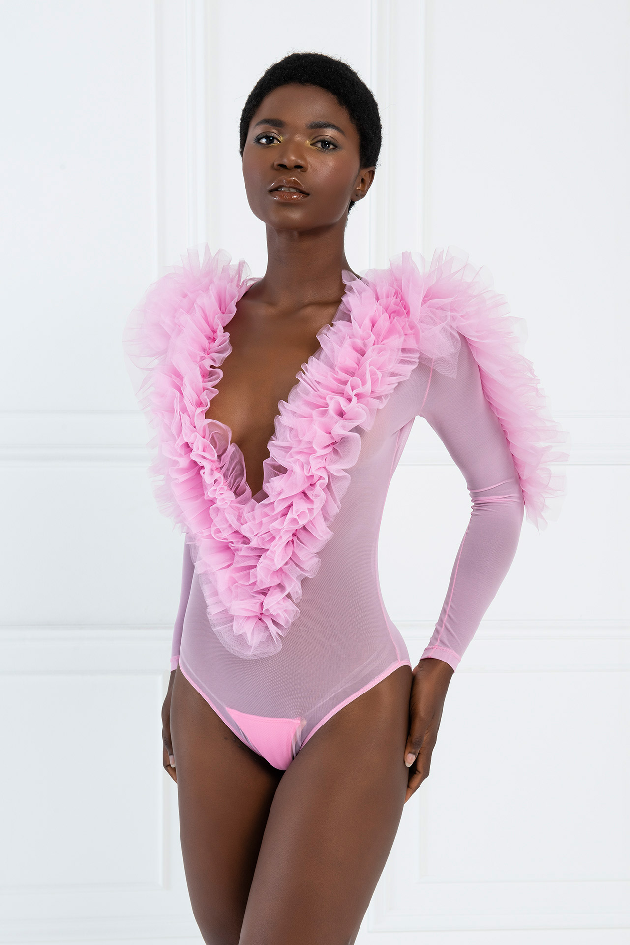 Wholesale Ruffle-Trim New Pink Mesh Bodysuit