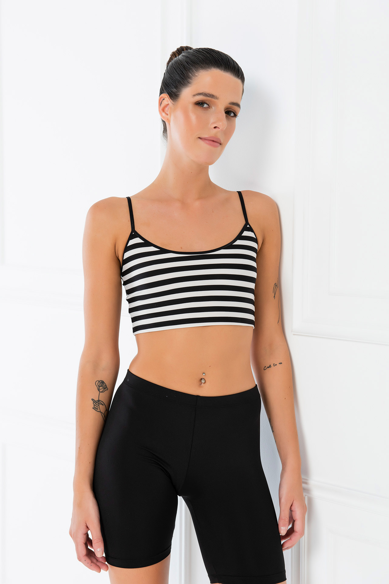Black Offwhite Striped Crop Cami