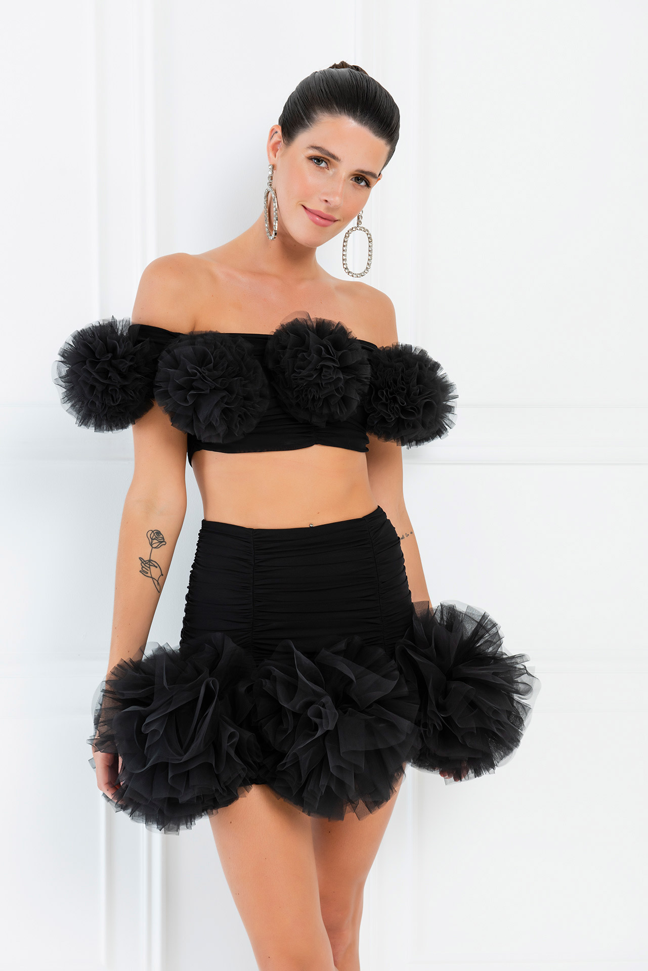 Wholesale Black Ruffle Mesh Crop Top & Mini Skirt Set