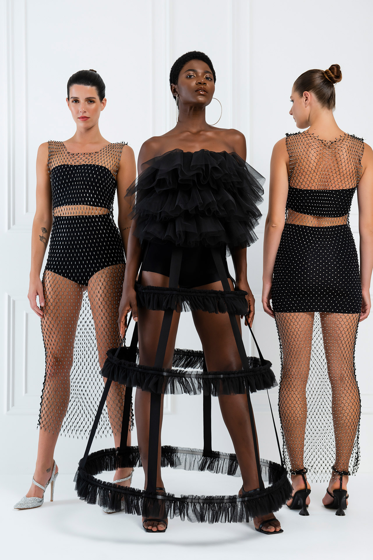 Wholesale Embellished Fishnet Dress in Black