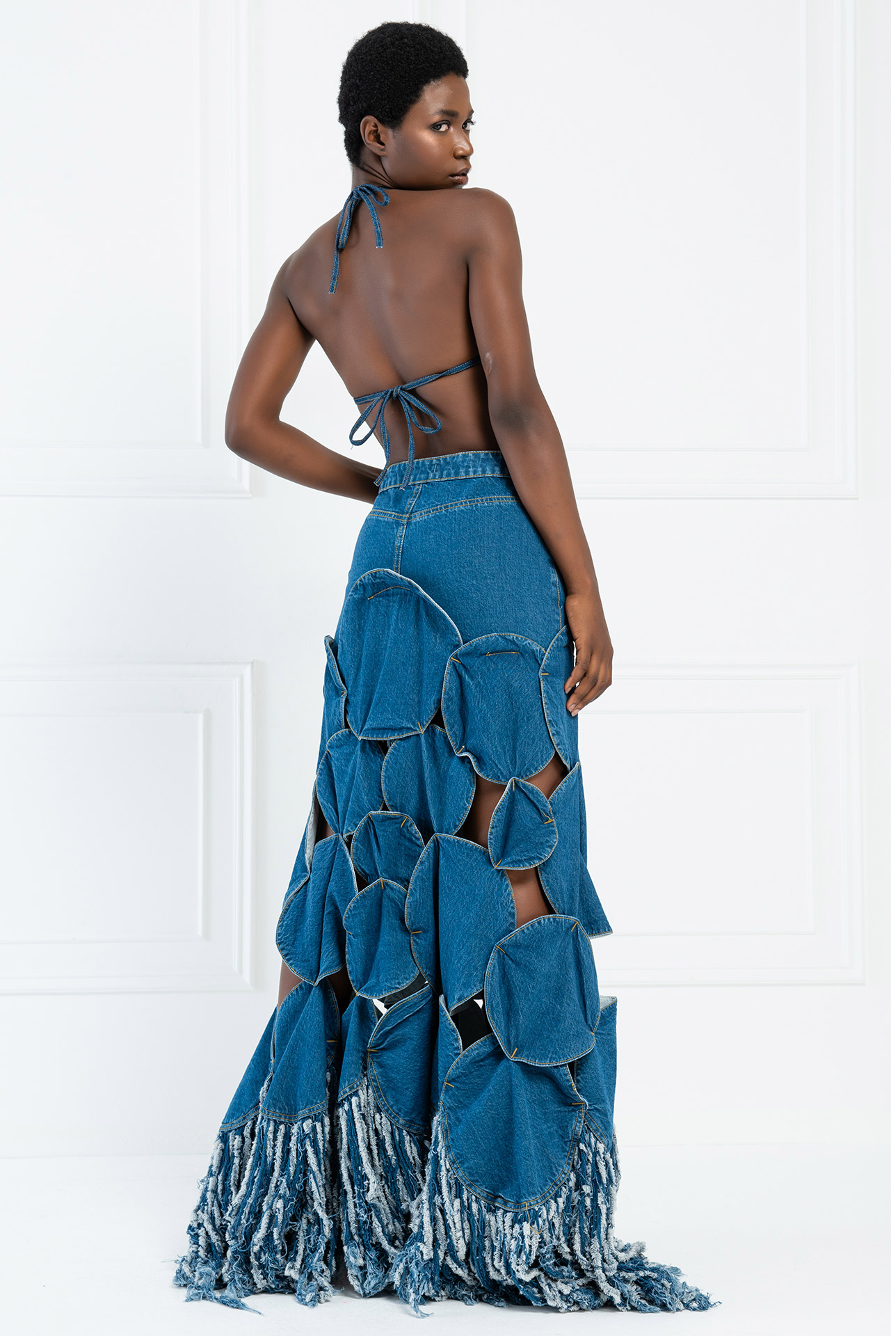 Designer Blue Denim Maxi Skirt
