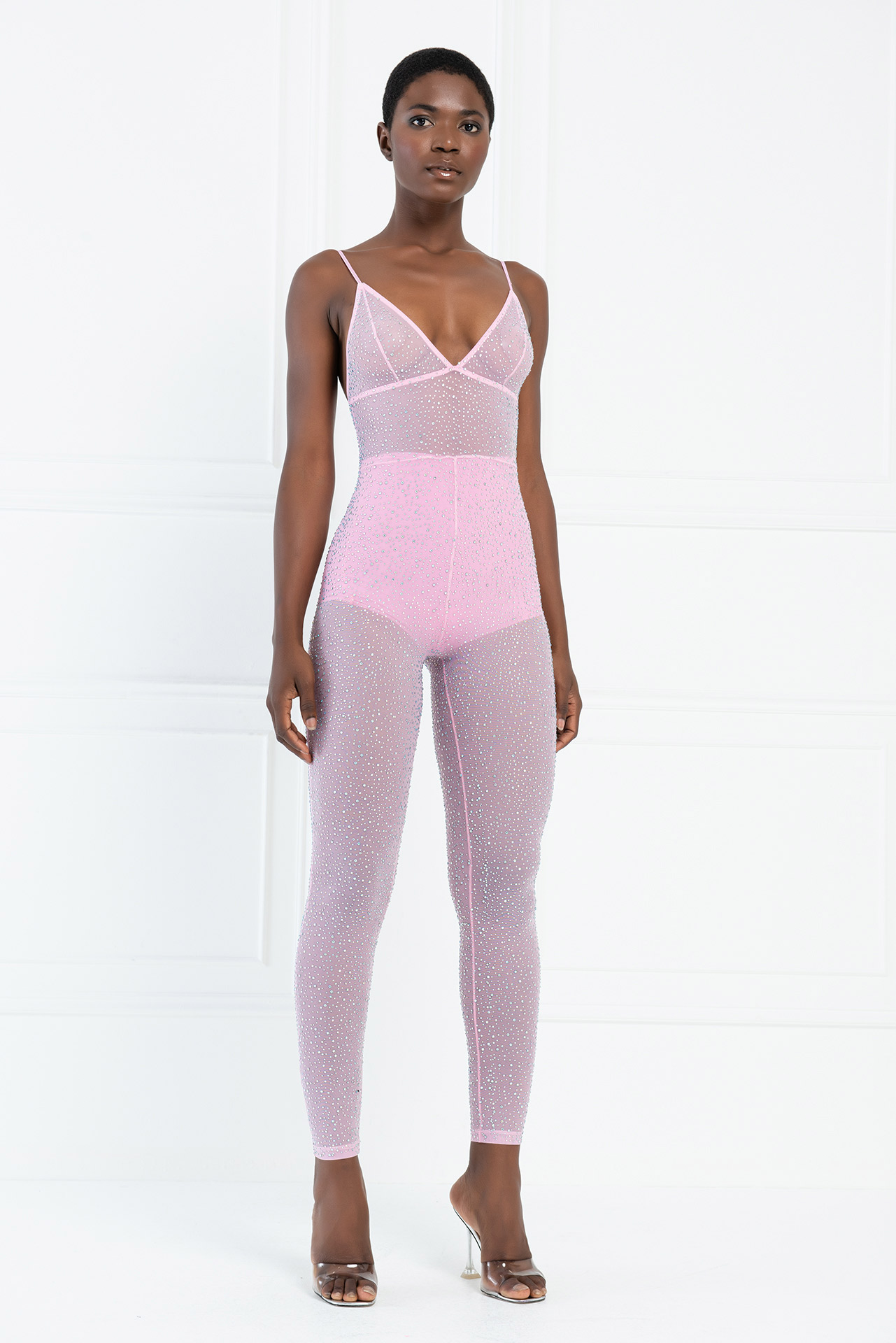 Wholesale Sheer Mesh Rhinestone Pink Jumpsuit