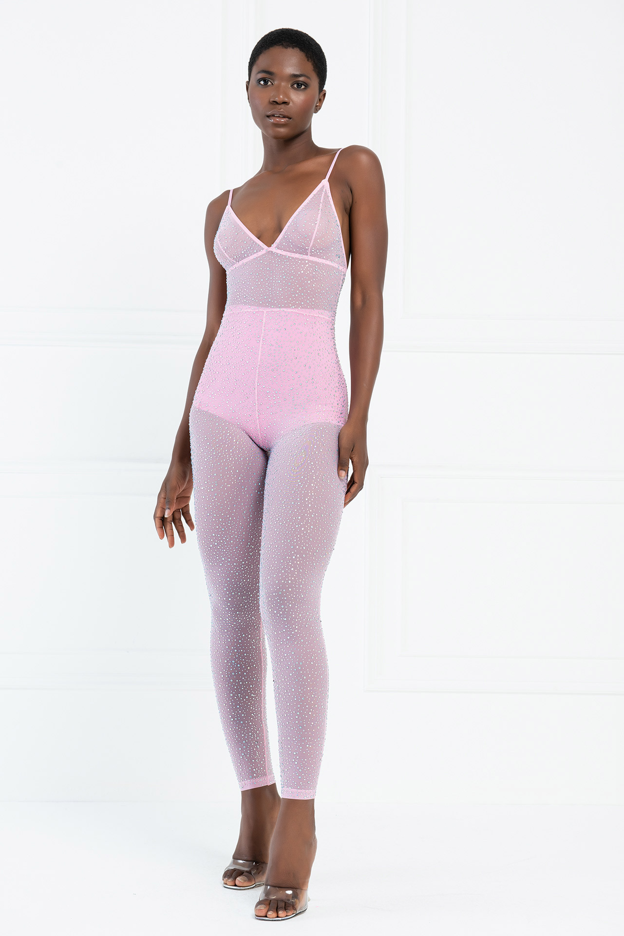 Wholesale Sheer Mesh Rhinestone Pink Jumpsuit