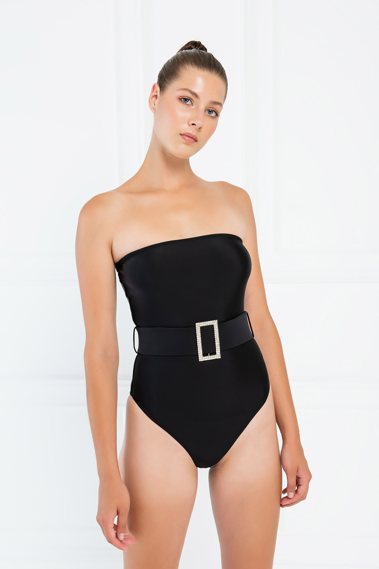 черный Embellished-Belt Tube Swimsuit