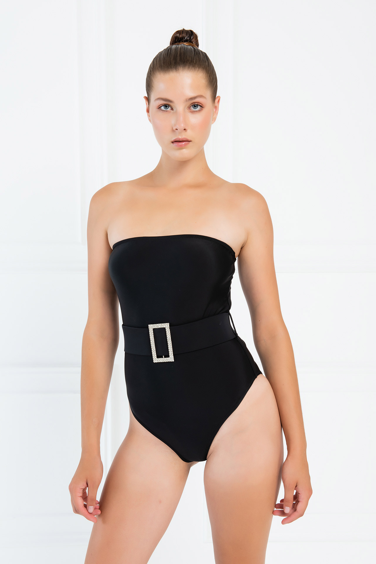 оптовая черный Embellished-Belt Tube Swimsuit