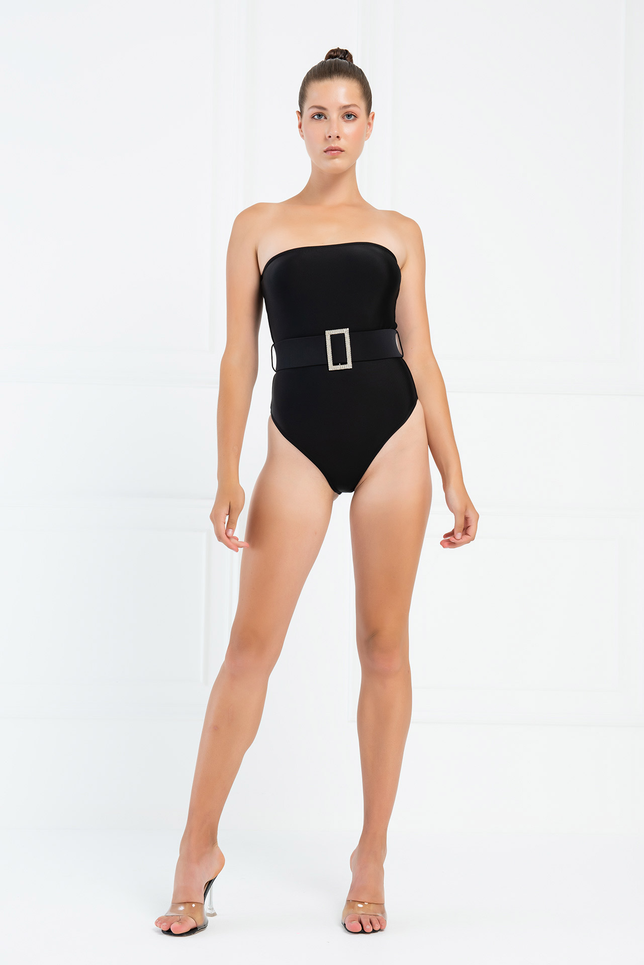Wholesale Black Embellished-Belt Tube Swimsuit