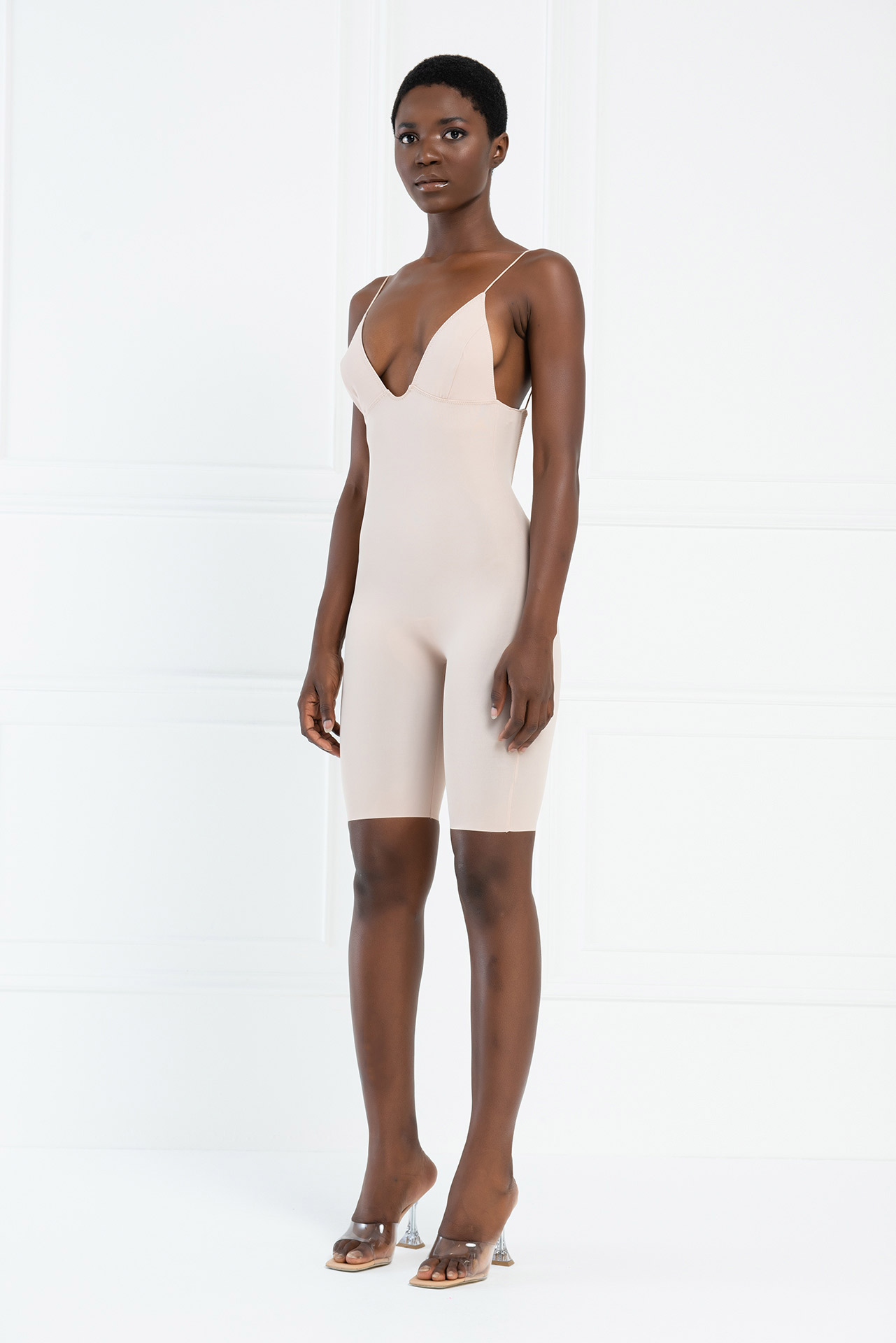 Deep V Back Spaghetti Strap Mid-Thigh Shapewear Nude Bodysuit