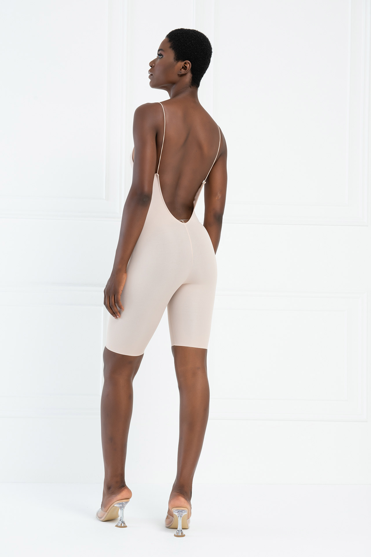Deep V Back Spaghetti Strap Mid-Thigh Shapewear Nude Bodysuit