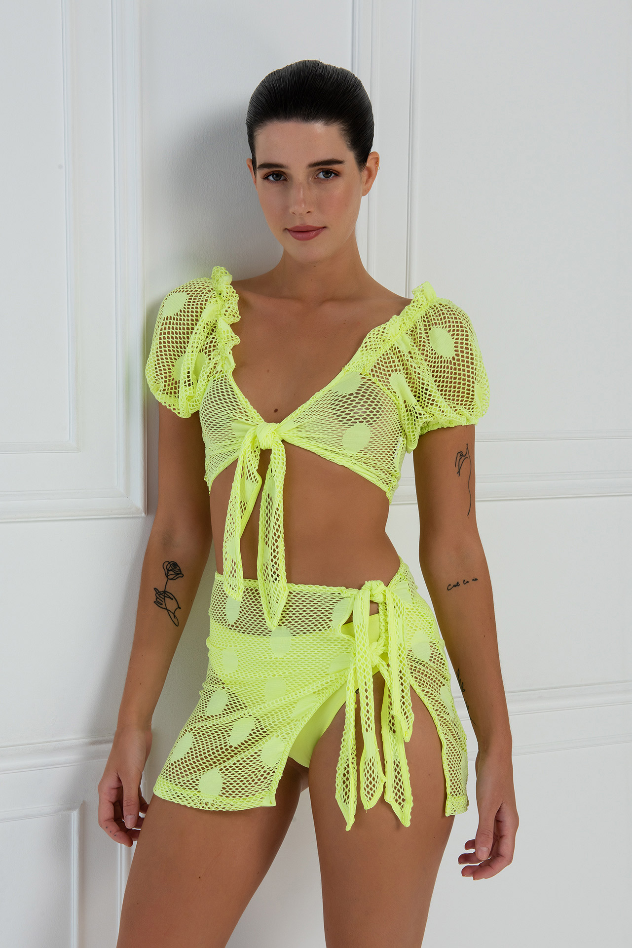 Sheer Neon Yellow Crop Top & Skirt Set