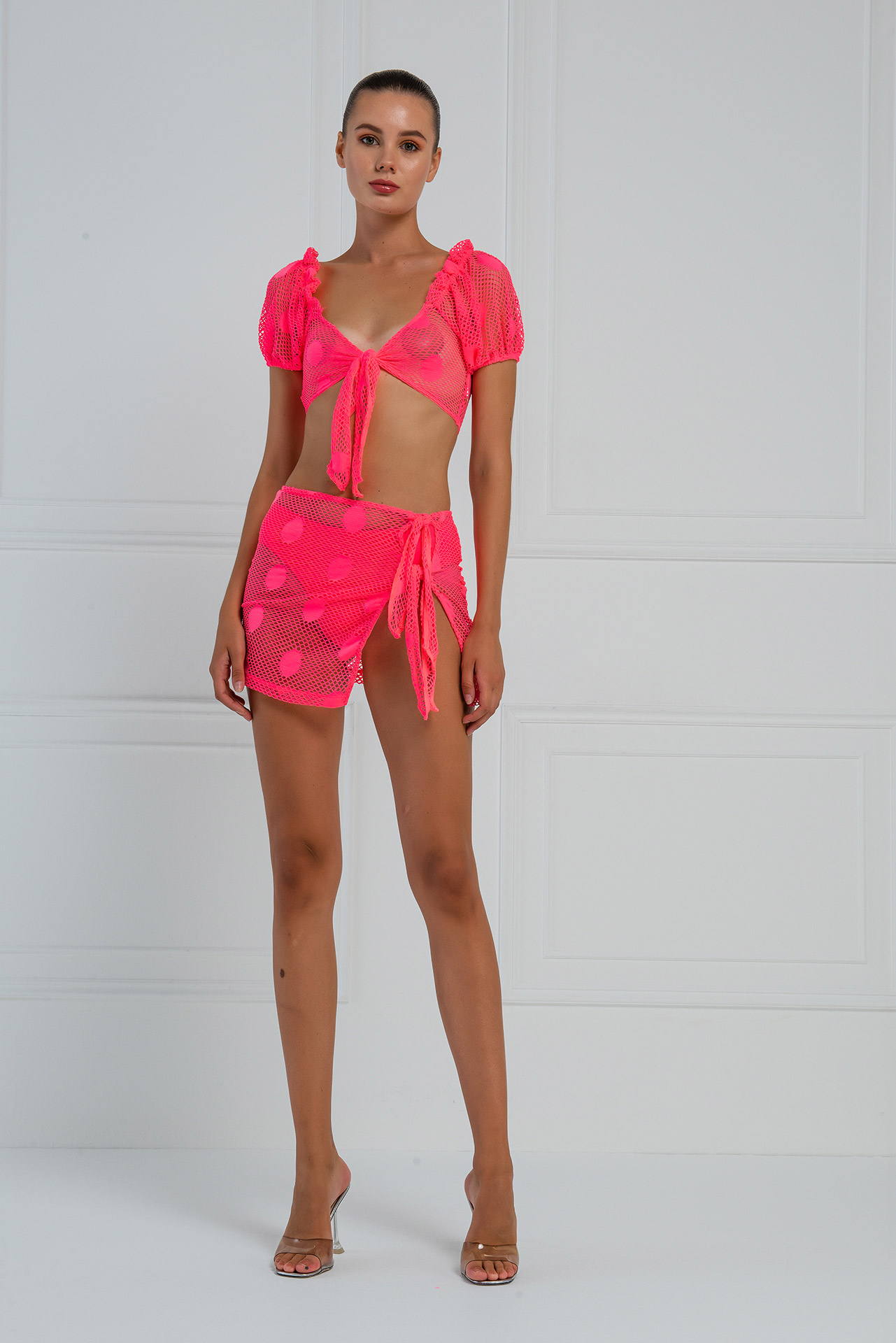Sheer Neon Pink Crop Top & Skirt Set