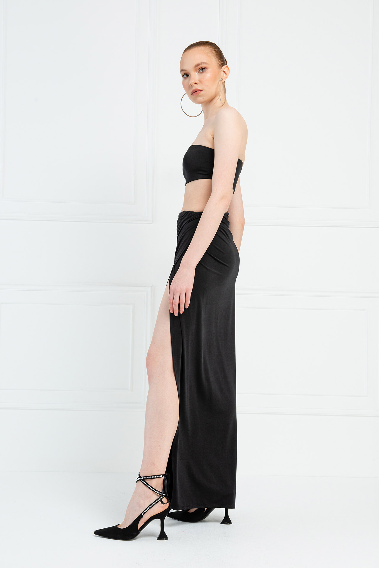 Black Bandeau & Split-Leg Skirt Set