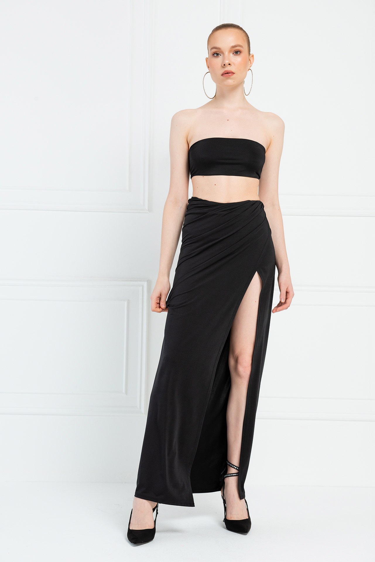 Wholesale Black Bandeau & Split-Leg Skirt Set