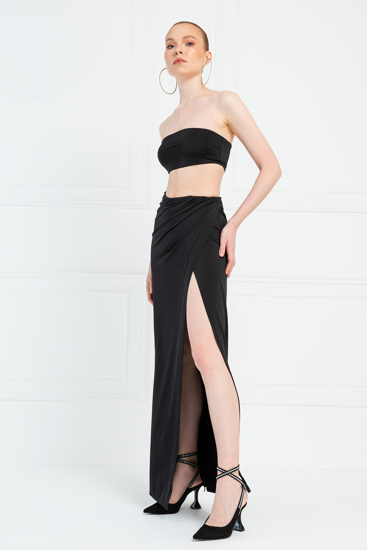 Black Bandeau & Split-Leg Skirt Set