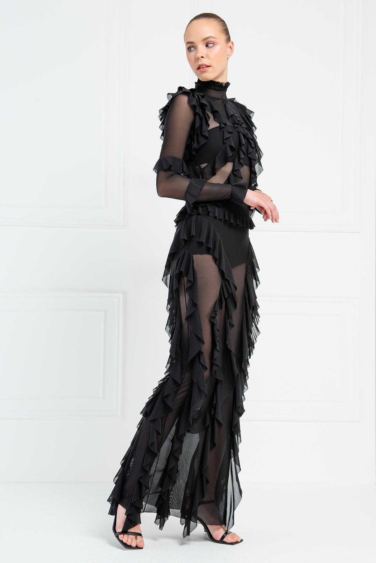 Wholesale Sheer Ruffled Maxi Dress in Black