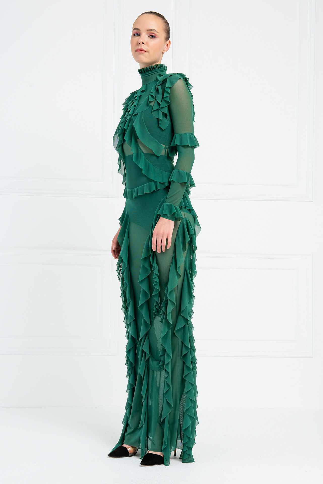 Fırfırlı Koyu Yeşil Transparan Elbise