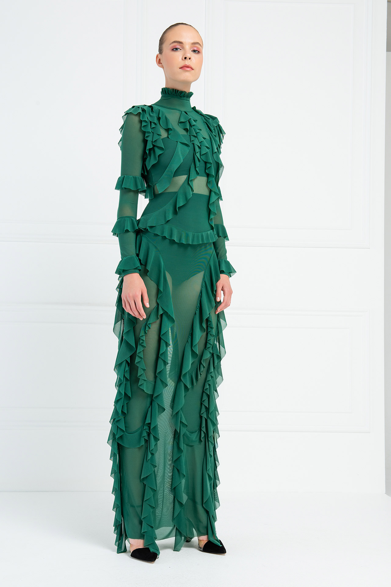 Fırfırlı Koyu Yeşil Transparan Elbise