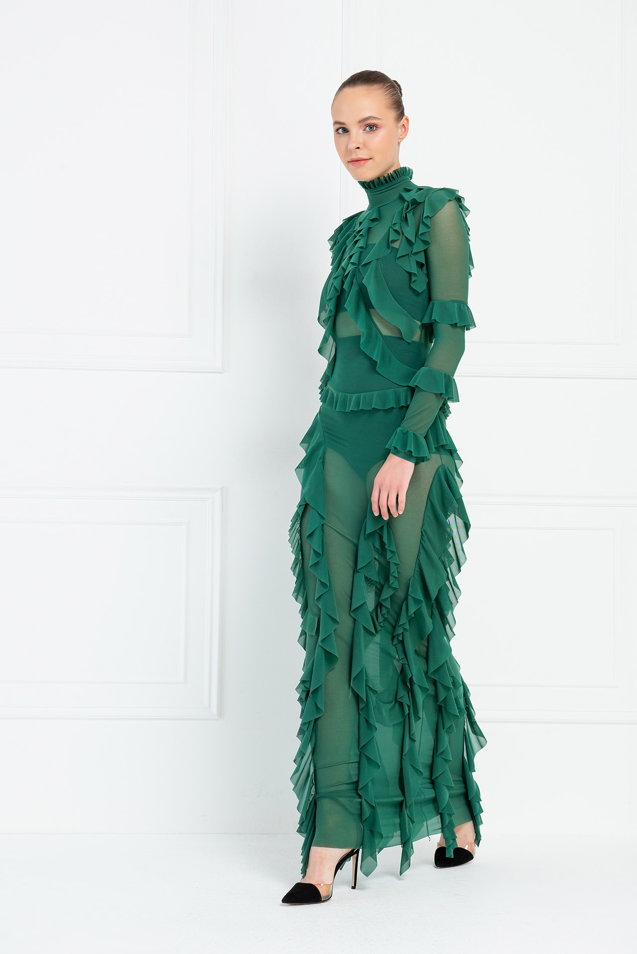 Wholesale Sheer Ruffled Maxi Dress in Dark Green