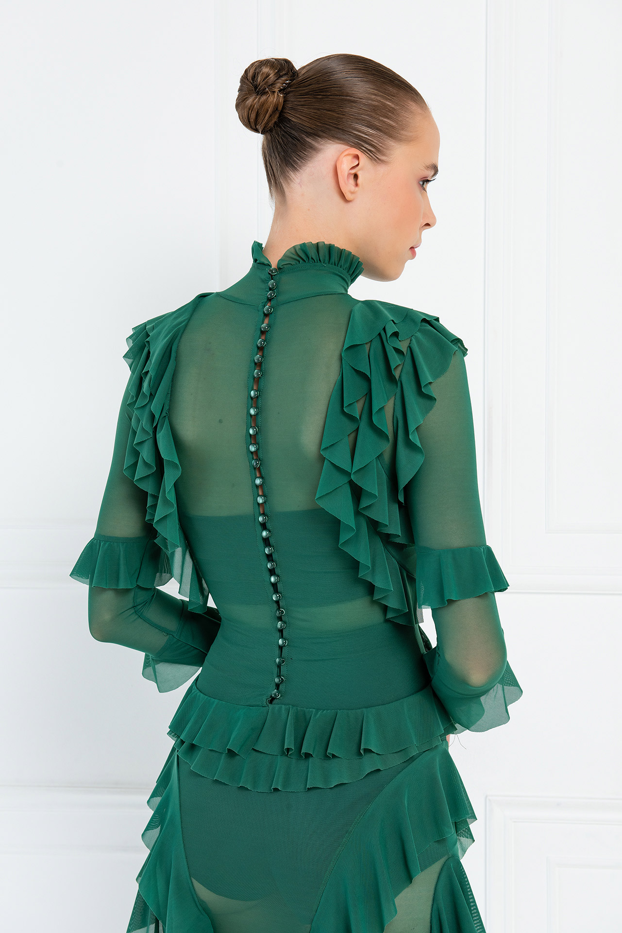 Toptan Fırfırlı Koyu Yeşil Transparan Elbise