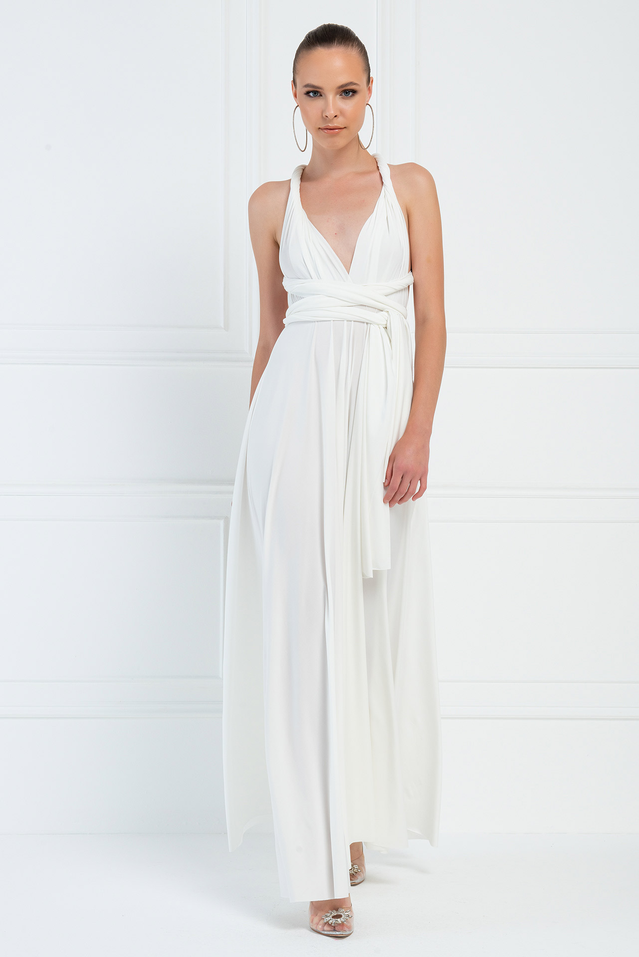 Wholesale V Neck Sleeveless Offwhite Pleated Long Dress