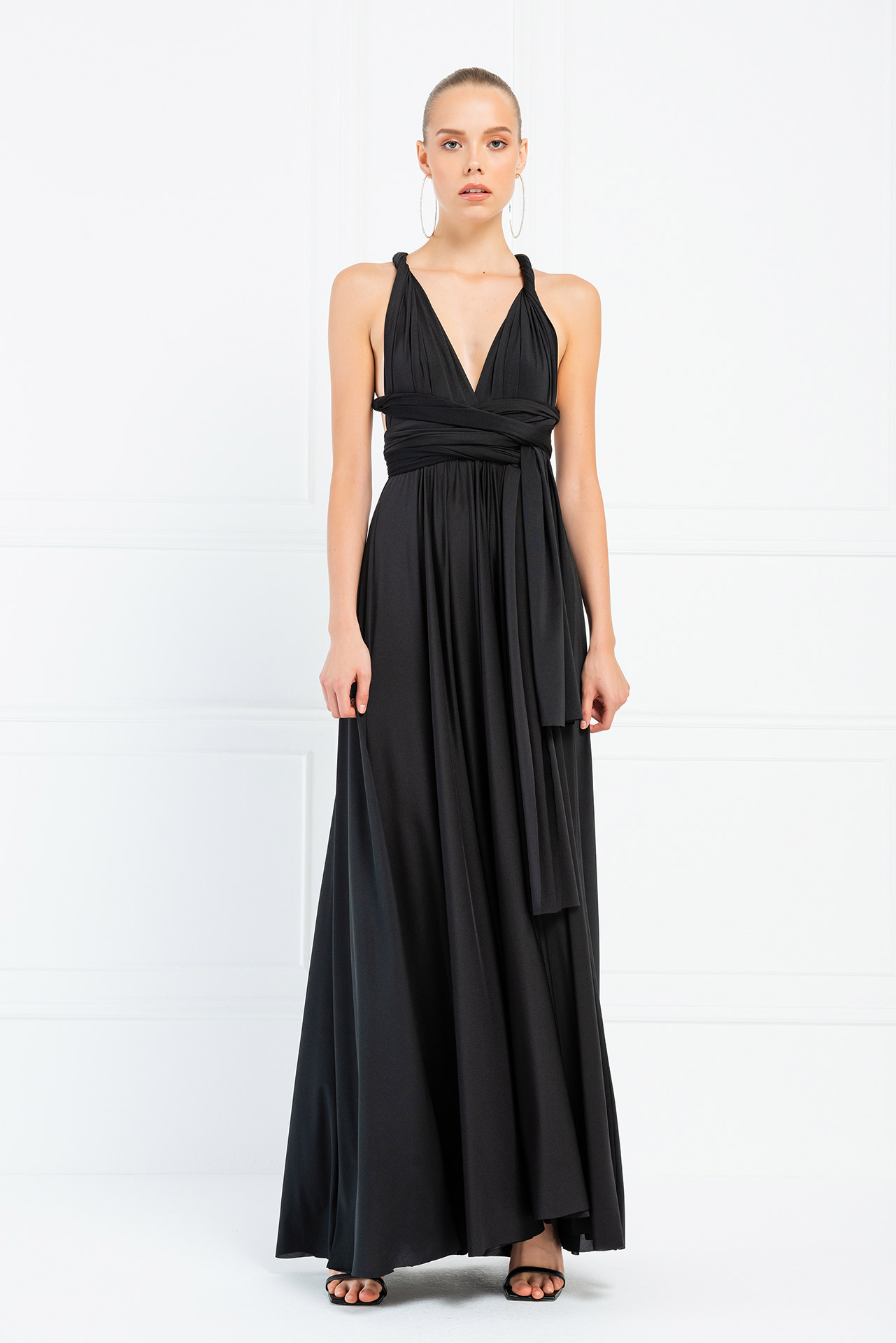 V Neck Sleeveless Black Pleated Long Dress