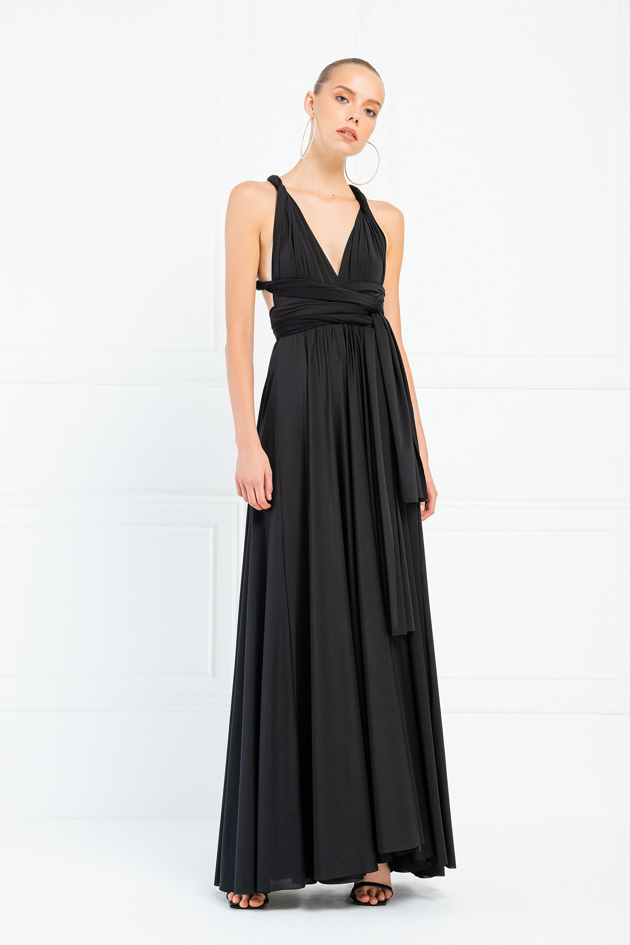 V Neck Sleeveless Black Pleated Long Dress