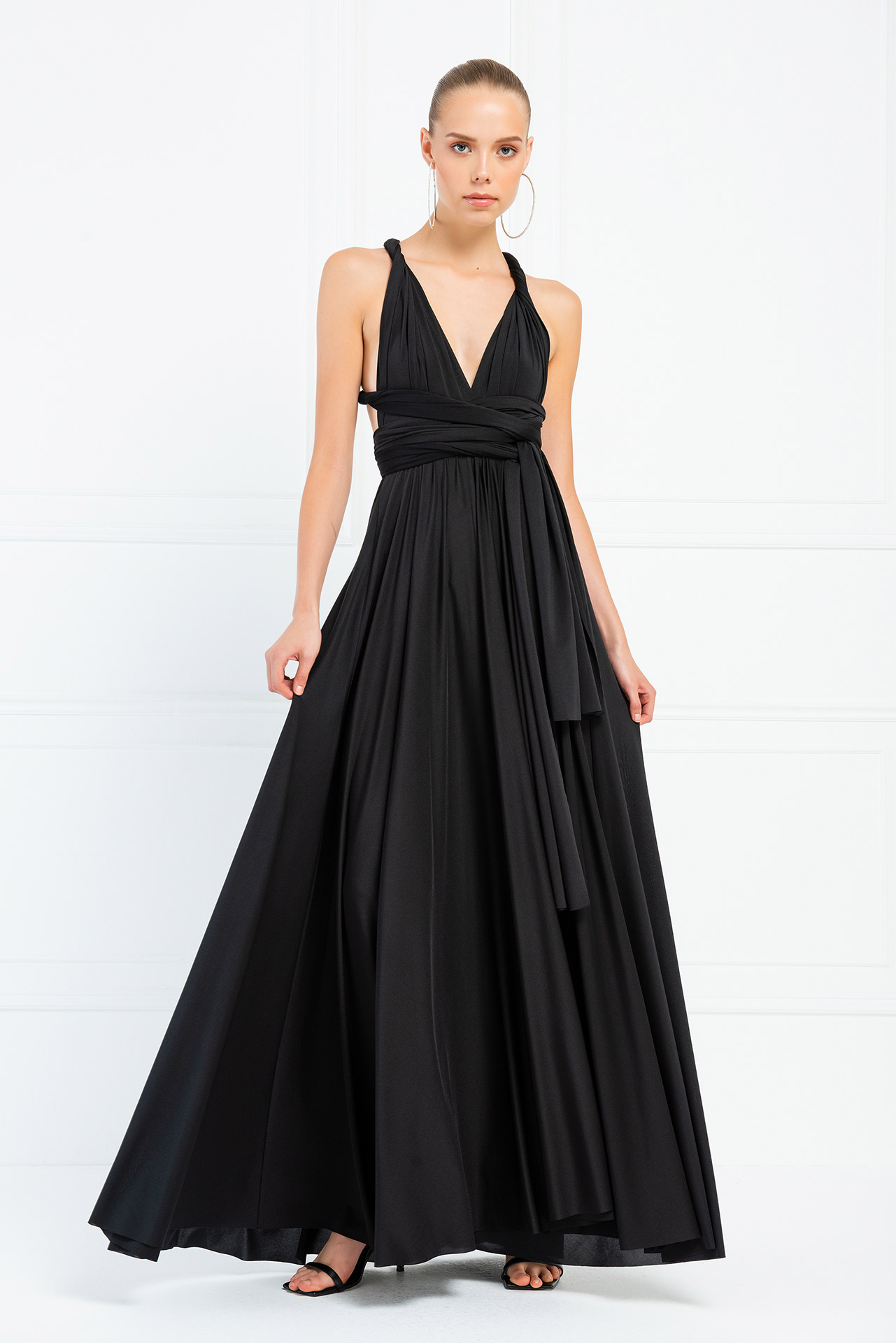 V Neck Sleeveless Black Pleated Long Dress