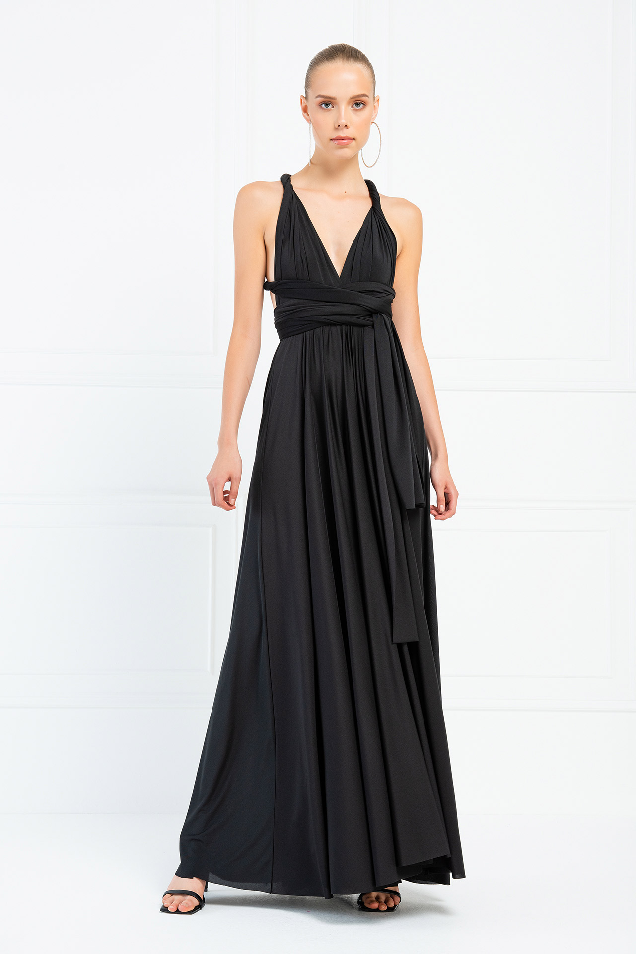 V Neck Sleeveless Black Pleated Long Dress