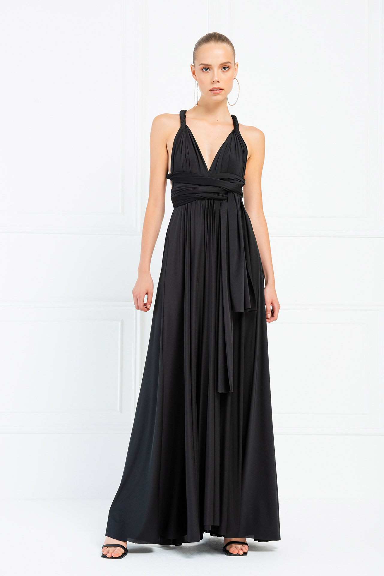 V Neck Sleeveless Black Pleated Long Dress