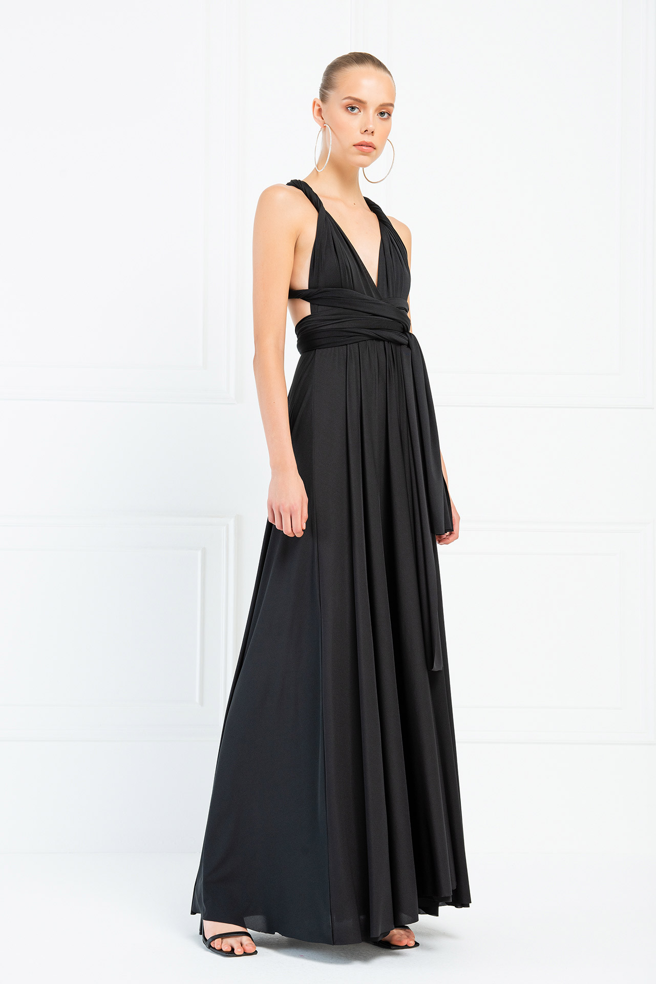 V Neck Sleeveless Black Pleated Long Dress
