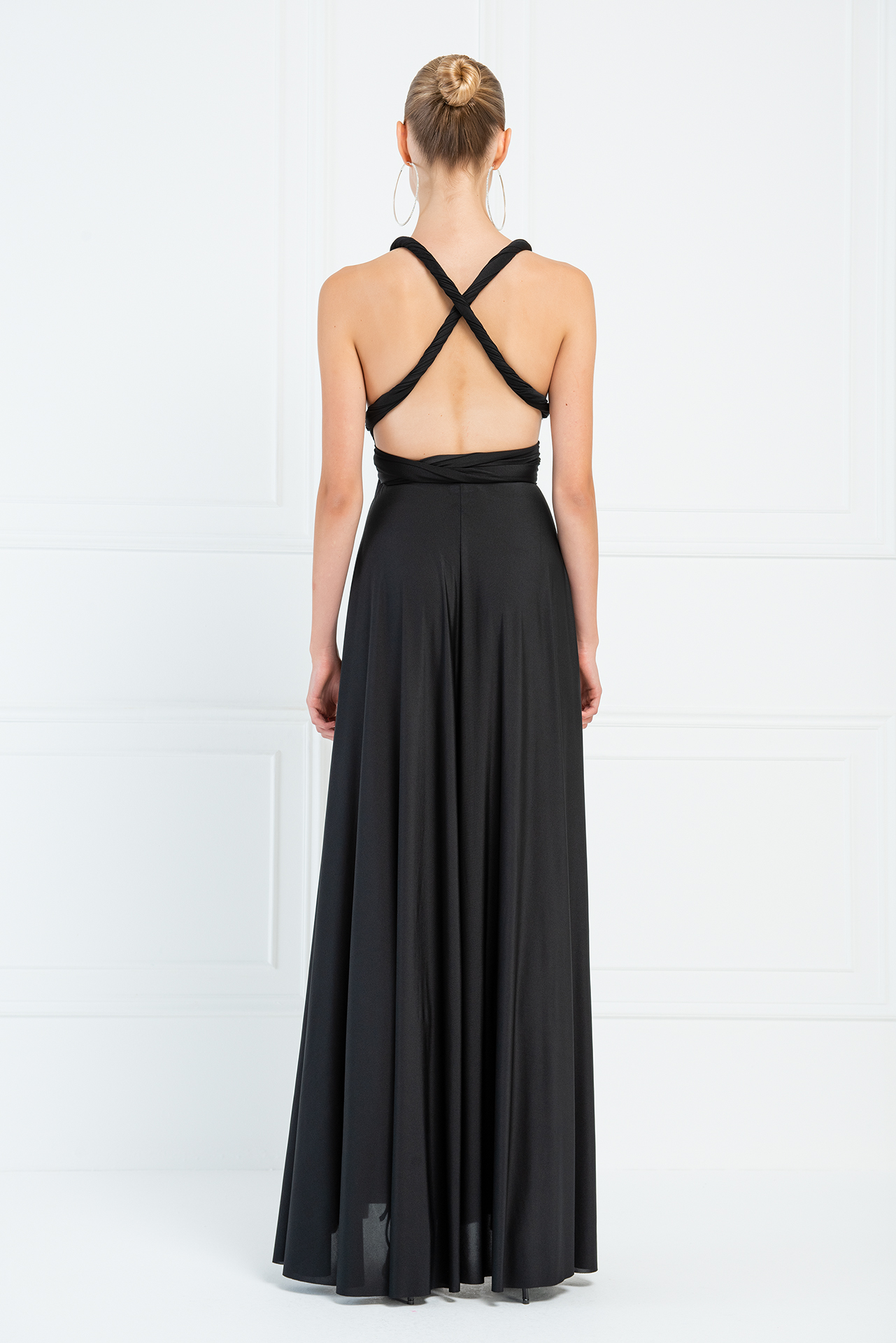 V Neck Sleeveless Black Pleated Long Dress