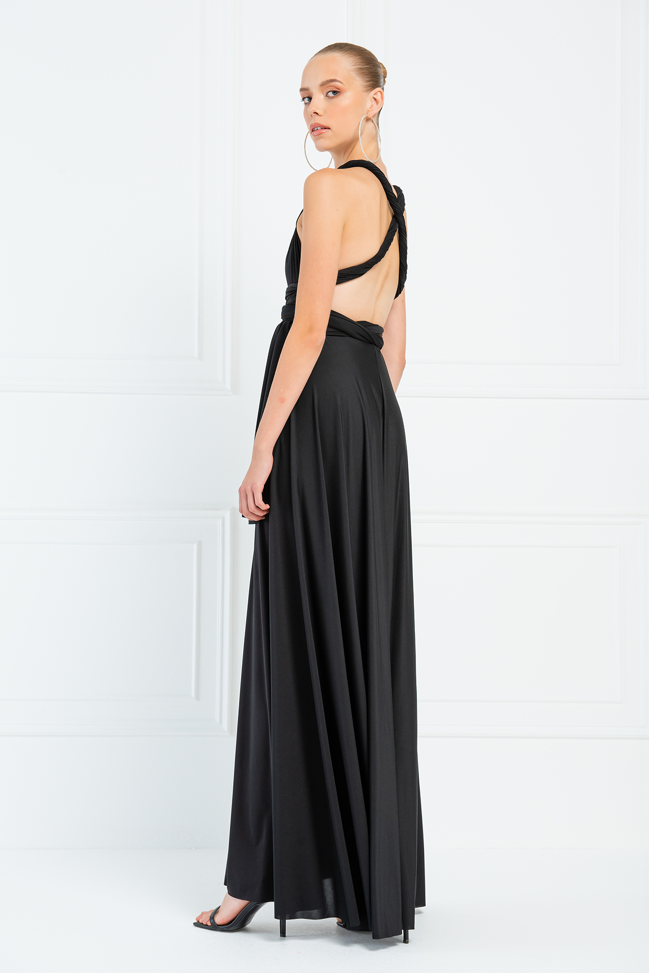 V Neck Sleeveless Black Pleated Long Dress