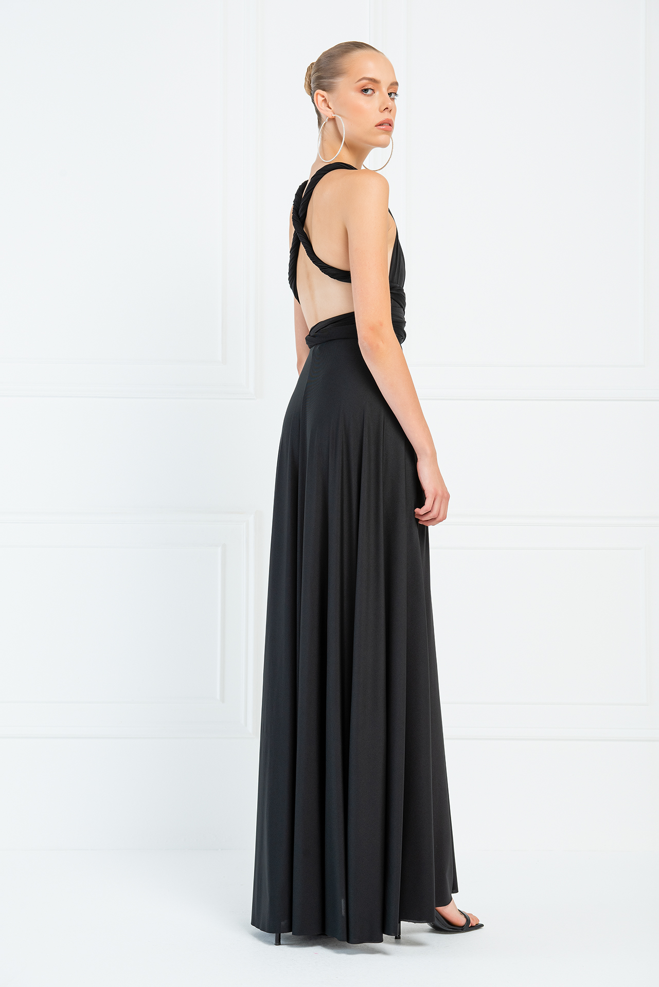 V Neck Sleeveless Black Pleated Long Dress