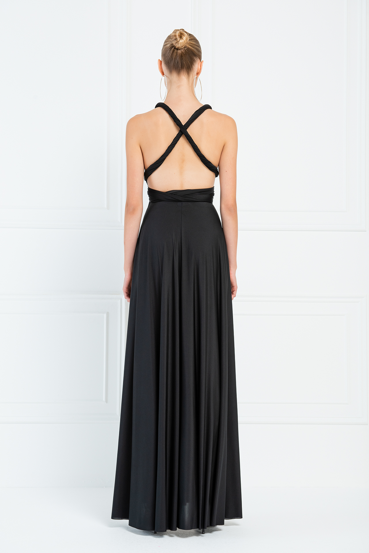 V Neck Sleeveless Black Pleated Long Dress