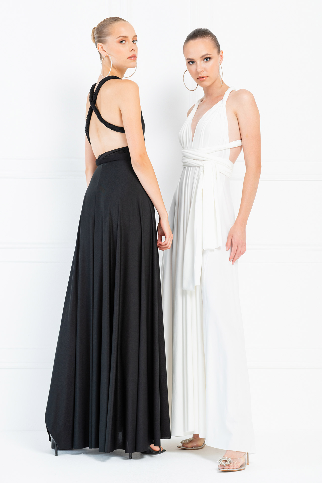 V Neck Sleeveless Black Pleated Long Dress