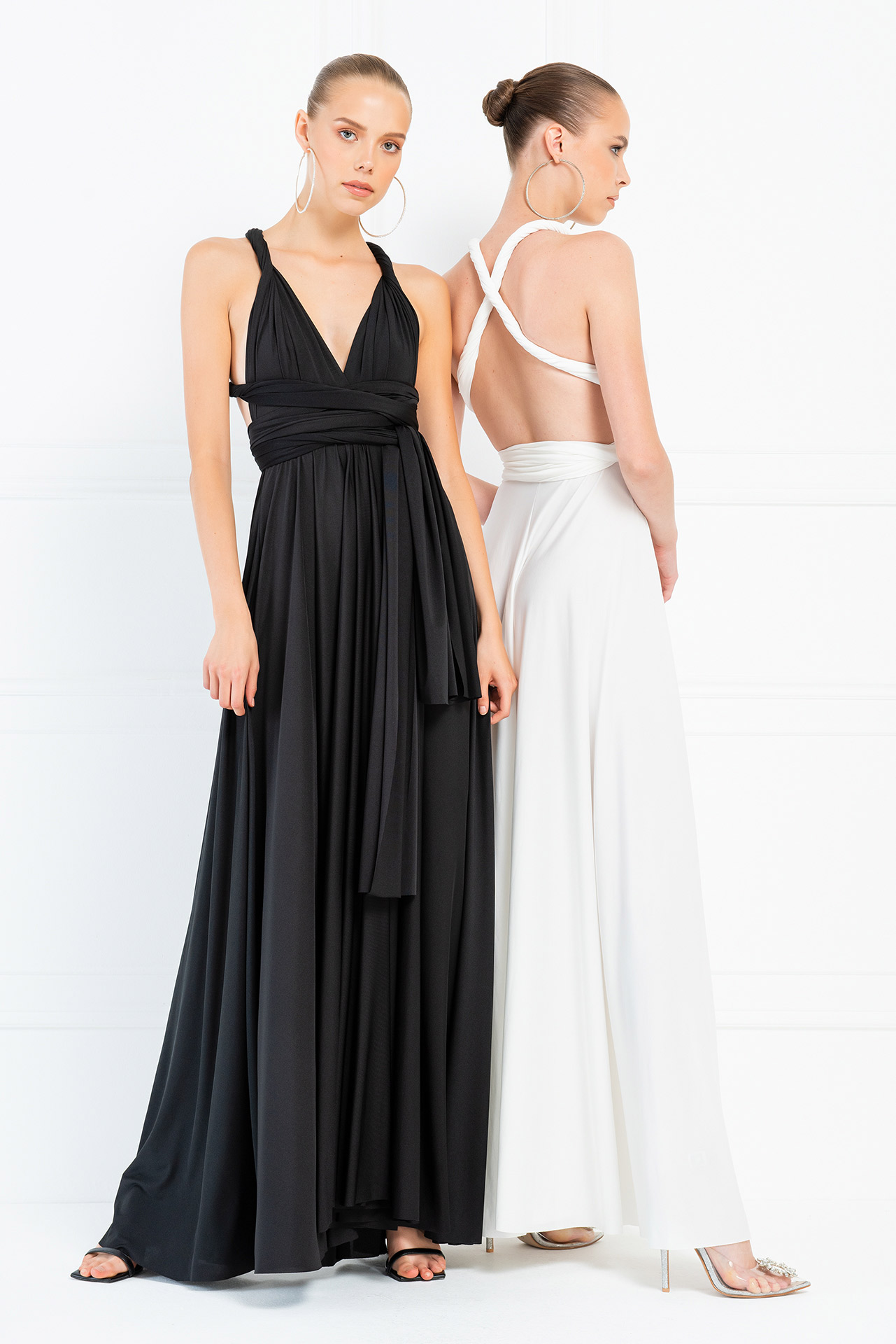 V Neck Sleeveless Black Pleated Long Dress