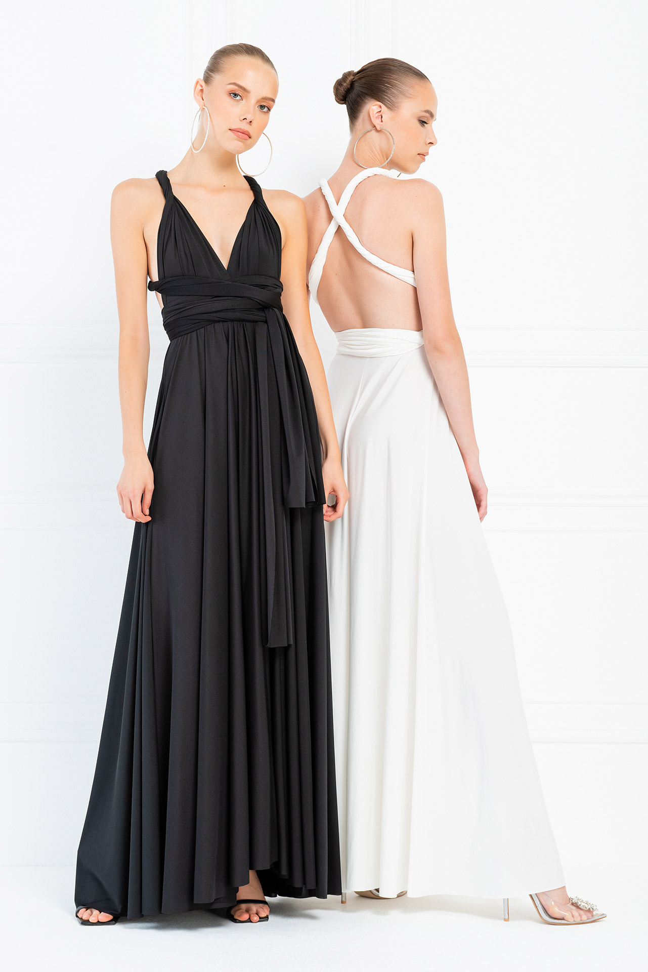 V Neck Sleeveless Black Pleated Long Dress